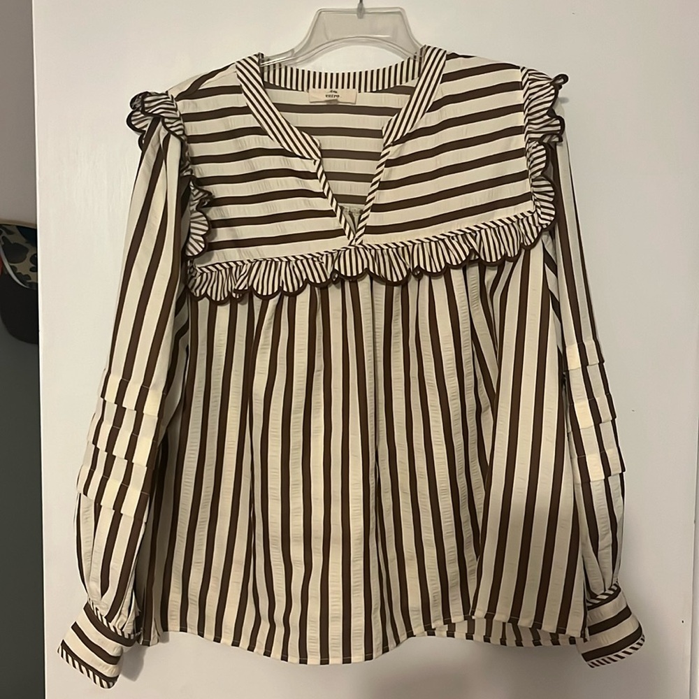 Women’s boutique top- brown and cream, stripes and ruffles